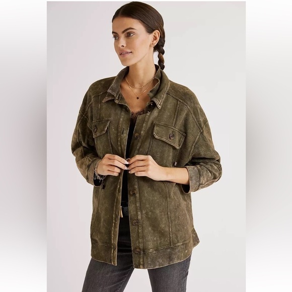 Pilcro Anthropologie Oversized Shacket Shirt Jacket Distressed Green Size XS - Picture 1 of 5